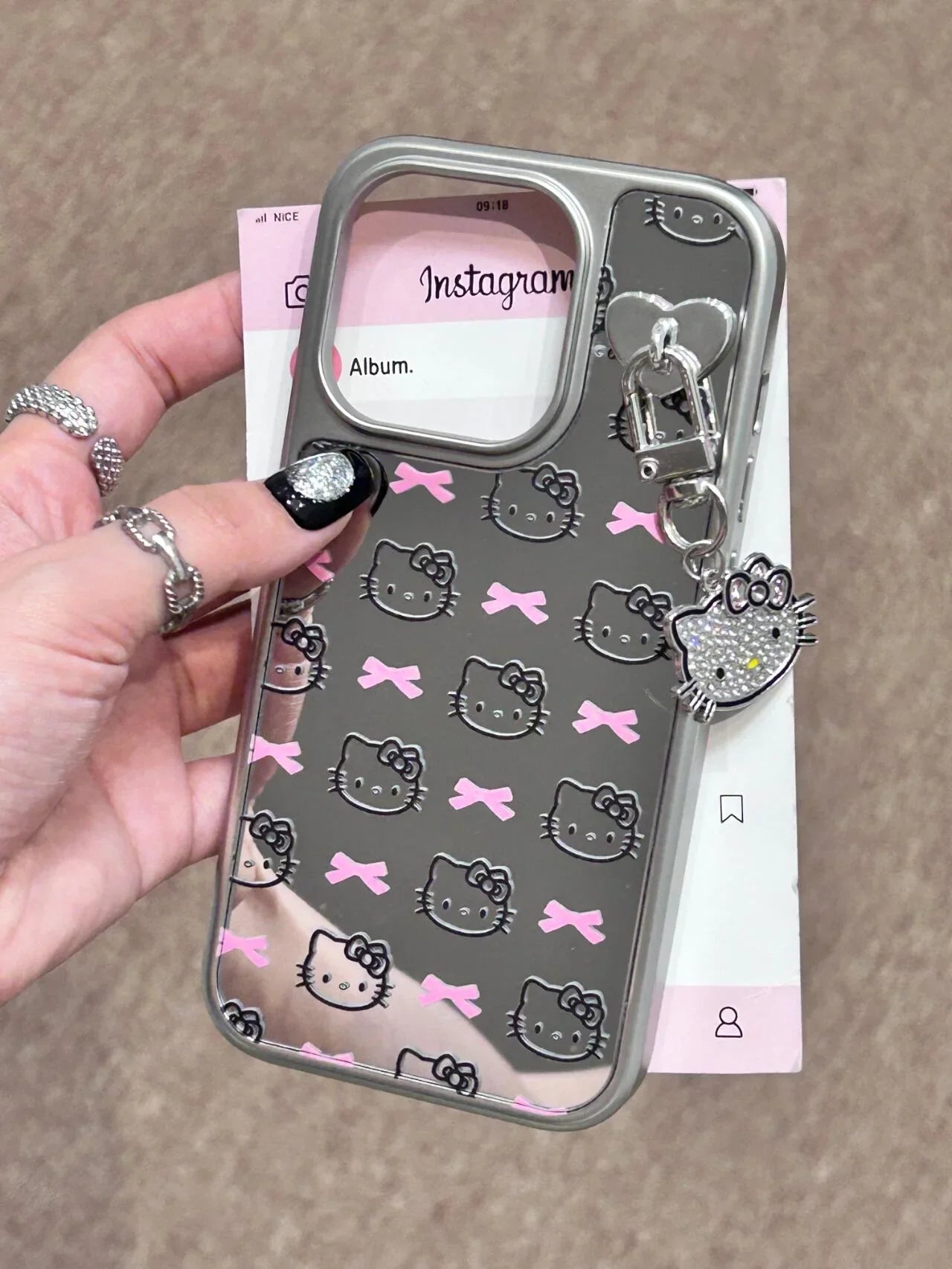 Hello Kitty Silver Mirror Case with Pink Bow